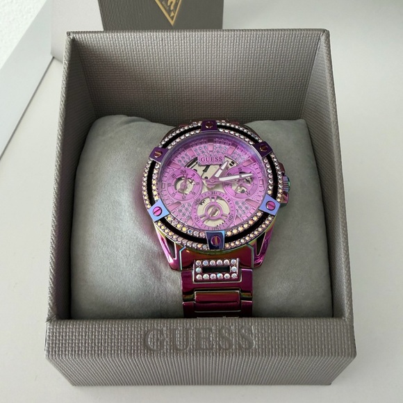 Guess Accessories - GUESS Women's Iridescent Pink-Purple Crystal Accent Bracelet Watch